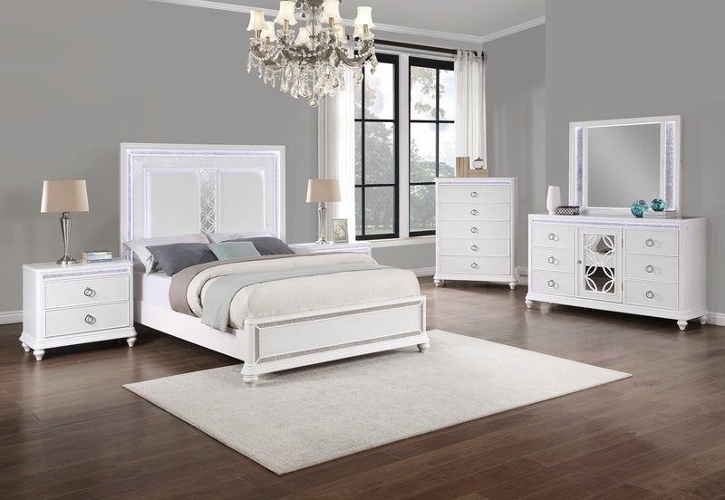 Ava 6pc Bedroom Set with Bed, Dresser, Mirror & Nightstand, LED, Glam, White - Queen Size 