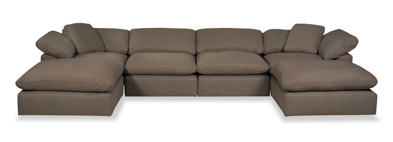 Eclipse Modular 6-Piece Linen-Look Fabric Sectional with Ottomans and Reversible Feather Down Cushions - Slate Grey 