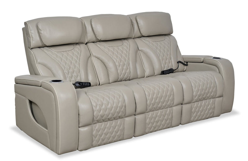Elite 86\" Genuine Leather Massage Power Reclining Sofa with Power Headrests and Storage Arms - Putty 