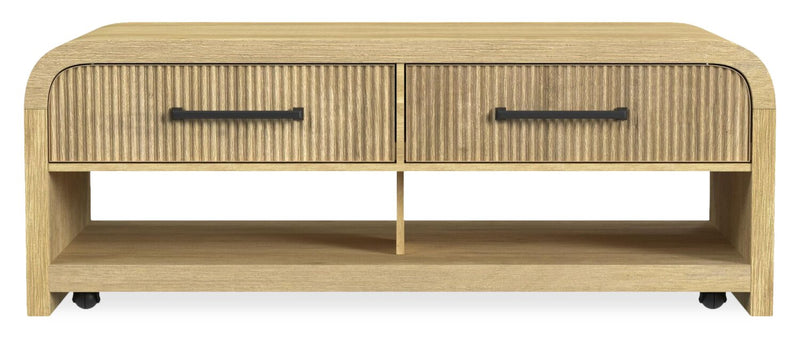 Lenore 48” Modern Coffee Table with Storage, Shelf and Casters - Natural