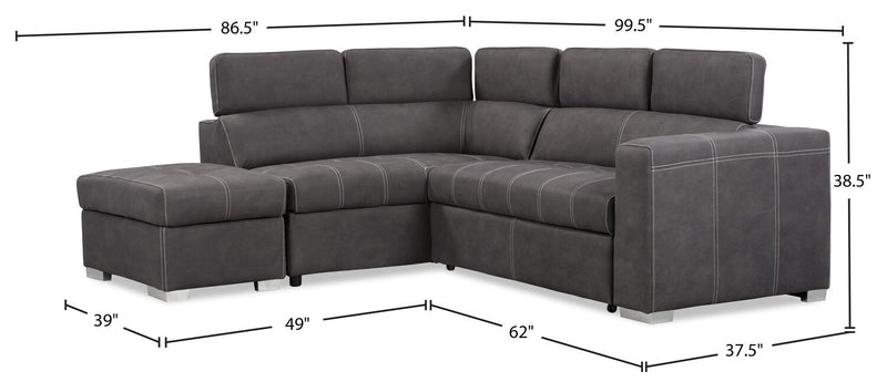 Drake 3-Piece Left-Facing Faux Suede Fabric Sleeper Sectional with Storage Ottoman - Cement Grey 