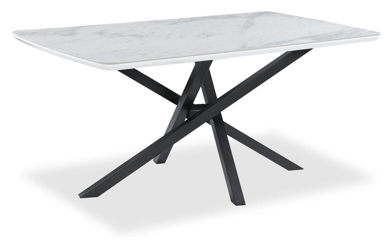Bari Dining Table with Marble-Look Ceramic Top, Metal, Geometric Base, 63\"W - White 
