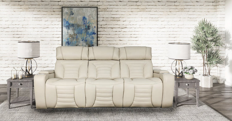 Zen 86\" Apricot Faux Leather Power Reclining Massage Sofa with Power Headrests and Drop-Down Console