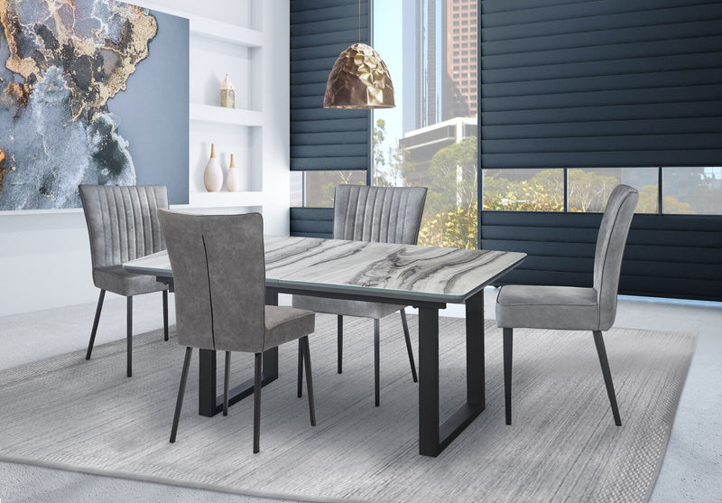 Ezra 5pc Dining Package with 63-79\"W Extension Table & 4 Chairs - Faux White Marble & Grey