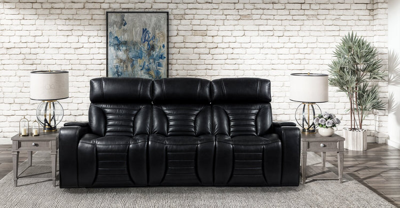 Zen 86\" Black Faux Leather Power Reclining Massage Sofa with Power Headrests and Drop-Down Console