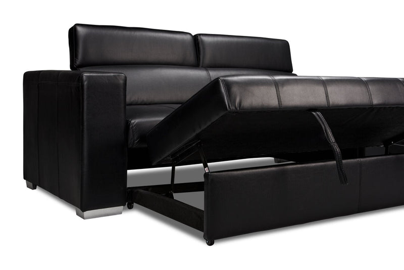 Drake 87\" Leather-Look Fabric Sleeper Sofa with Pull Out Sleeper, Flip-Up Headrests and Button Tufting - Black 