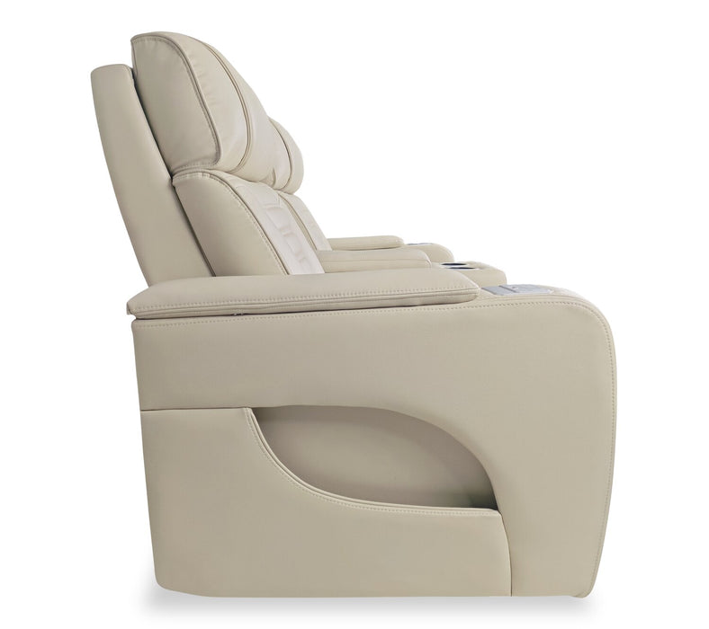 Zen 75.5\" Apricot Faux Leather Power Reclining Massage Loveseat with Refrigerator Console