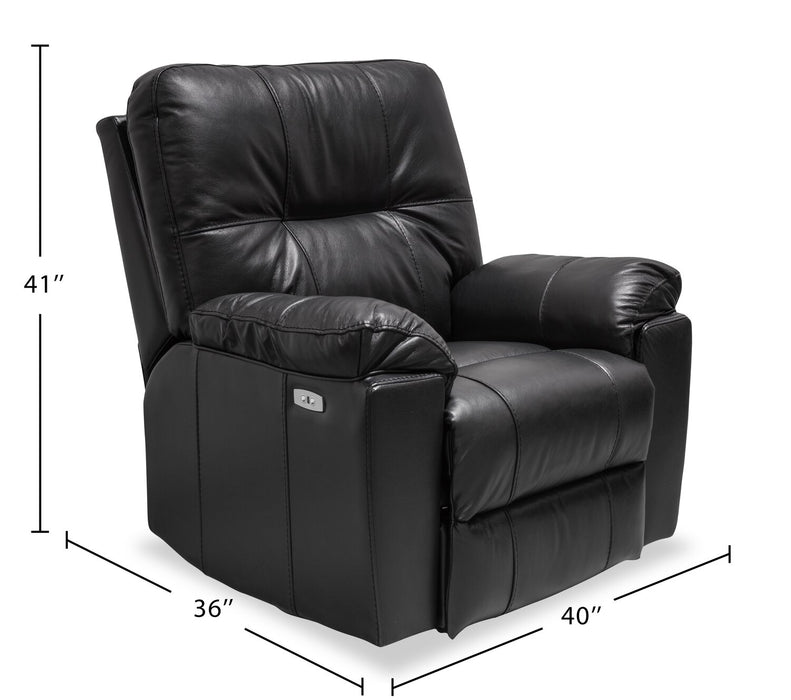 Canadian Made Dawson 40\" Genuine Leather Power Reclining Chair with USB Port - Black