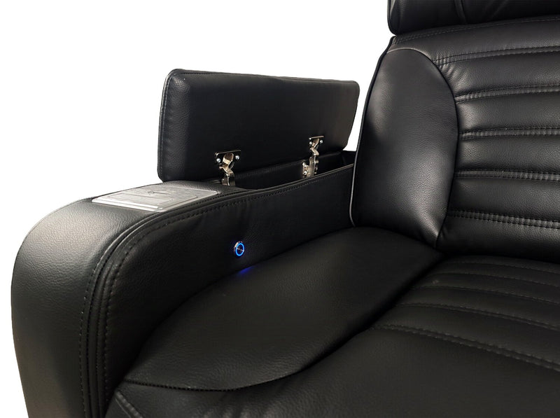 Zen 75.5\" Black Faux Leather Power Reclining Massage Loveseat with Power Headrests and Refrigerator Console