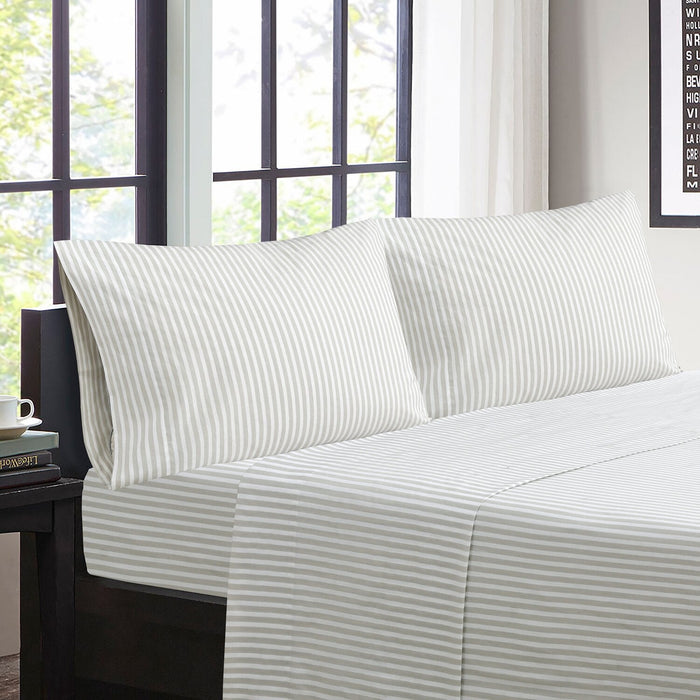 Striped 4-Piece Full Cotton Sheet Set - Light Grey 