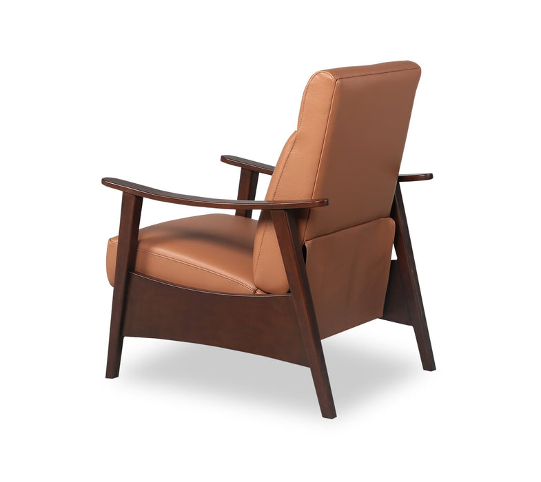 Aydin 27.5\" Camel Orange Genuine Leather Pushback Reclining Accent Chair with Wood Armrests and Legs