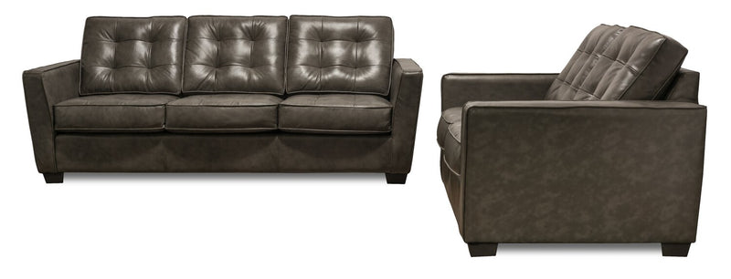 Clare 85\" Genuine Leather Sofa with Button Tufting – Charcoal 