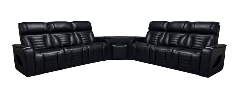 Zen 3-Piece Black Faux Leather Power Reclining Massage Sectional with Two Drop-Down Consoles
