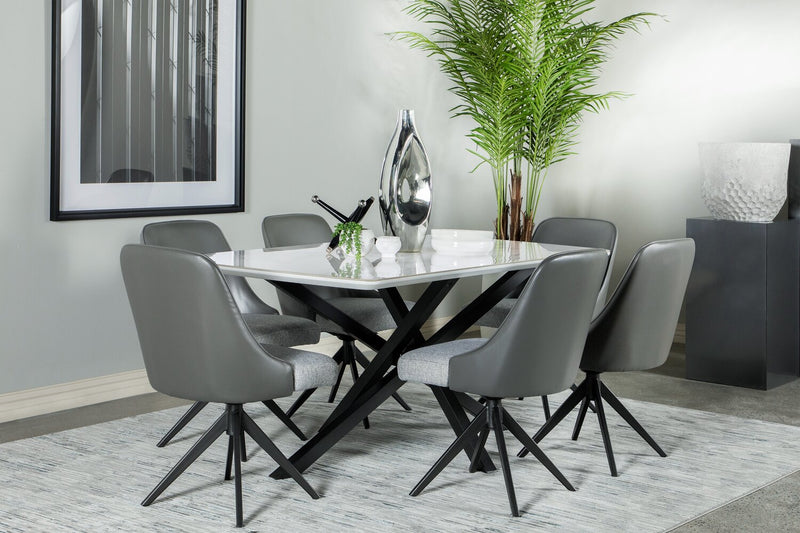 Bari 7pc Dining Set with Table & 6 Grey Swivel Chairs, Marble-Look Ceramic Top, Metal, 63\"W 