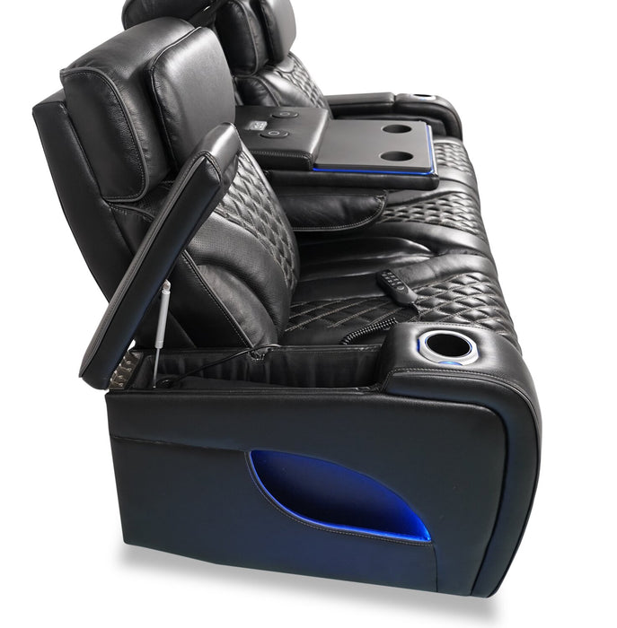 Elite Genuine Leather Power Reclining Sofa with Massage Function - Black