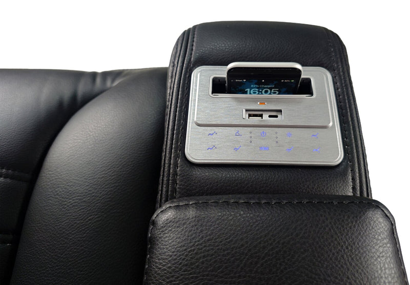 Zen 75.5\" Black Faux Leather Power Reclining Massage Loveseat with Power Headrests and Refrigerator Console