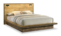Silas Platform Bed with Headboard & Frame, LED, Rustic Brown - Queen Size 
