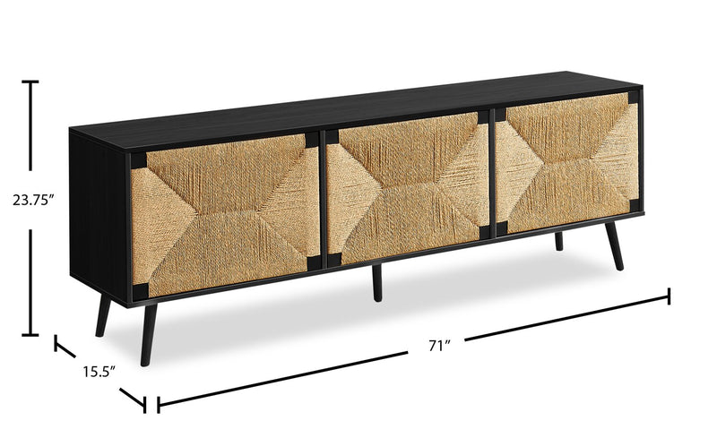 Jersey 71\" Tv Stand with Seagrass-Look Cabinet Doors for TVs up to 70\" - Black