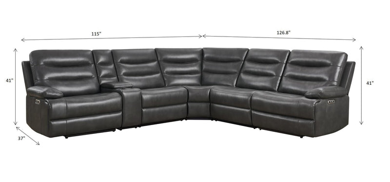 Zayne 6-Piece Leather-Look Fabric Power Reclining Sectional with Storage Console and USB Charging Ports – Grey