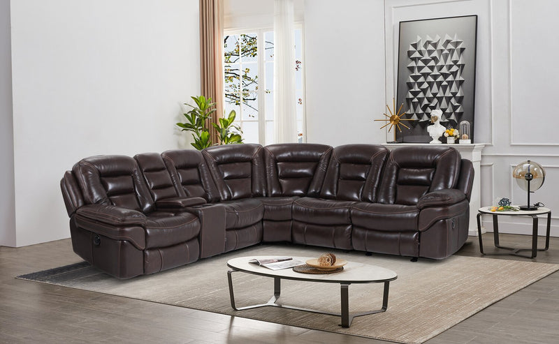 Leo 6-Piece Genuine Leather Power Reclining Sectional with Storage Console and Dual Cupholders - Walnut Brown 