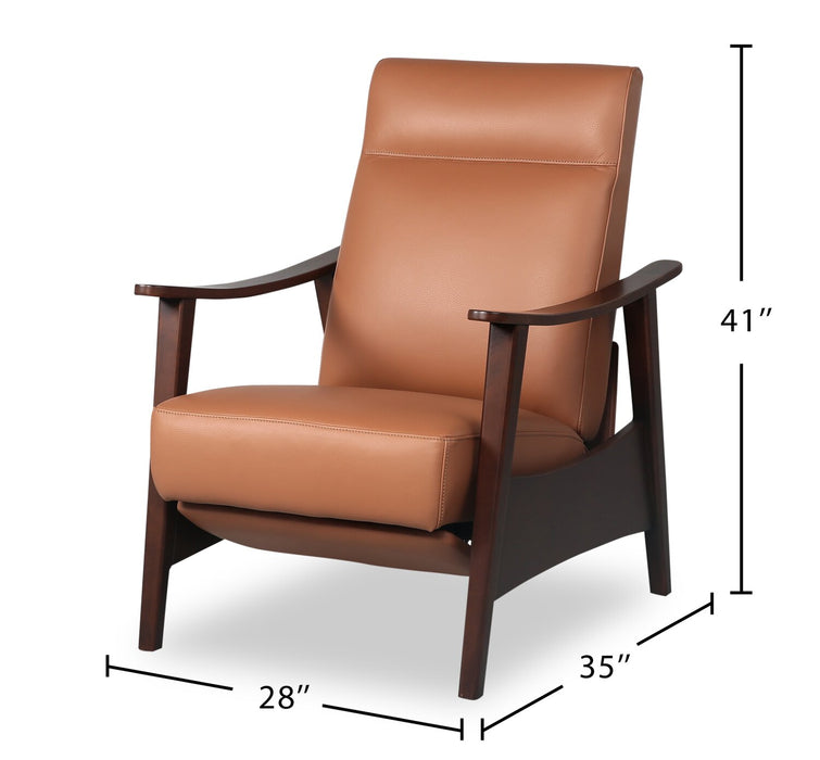 Aydin 27.5\" Camel Orange Genuine Leather Pushback Reclining Accent Chair with Wood Armrests and Legs