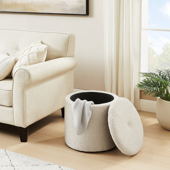 Ontario Round Fabric Storage Ottoman - White
