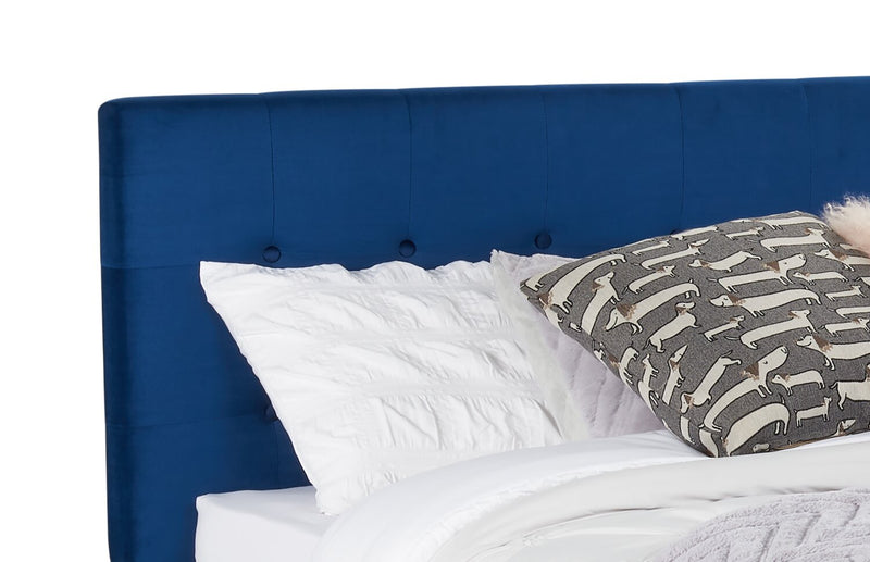 Gabi Upholstered Bed in Blue Velvet Fabric with Gold Finish Legs, Button Tufted - Queen Size 