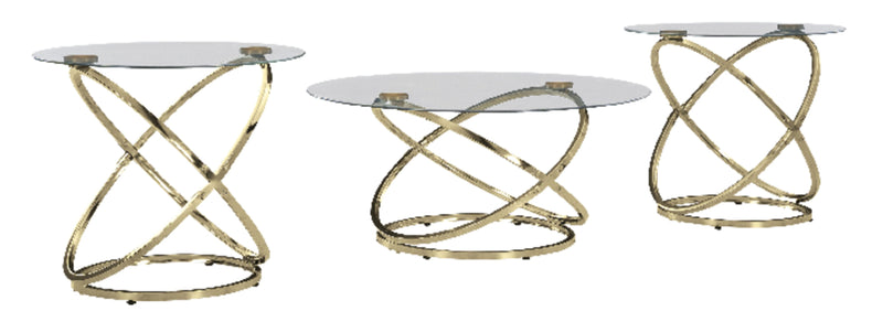 Joyce 38\" Glam Round 3-Pack Coffee + 2 End Tables - Gold Metal Base with Glass Top