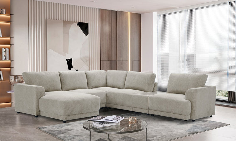 Voyage Modular 6-Piece Left-Facing Fabric Sectional with Console and Removable Back Cushions – Beige