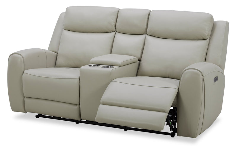 Reign 78\" Deltona Moonshine Taupe Top-Grain Genuine Leather Power Reclining Loveseat with Console 
