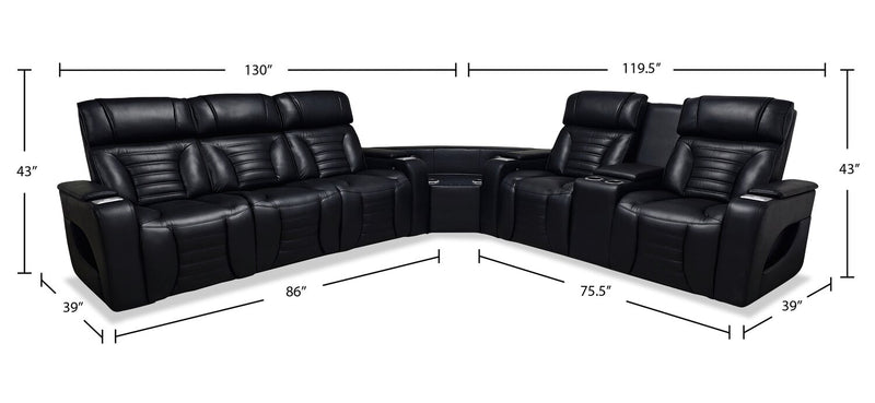 Zen 3-Piece Black Faux Leather Power Reclining Massage Sectional with Refrigerator and Drop-Down Console