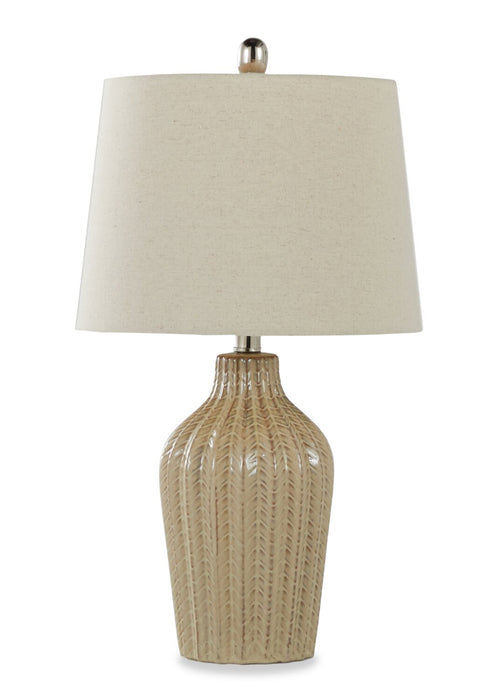 Willa Rockwell 23\" Contemporary Ceramic Table Lamp in Cuban Sand Ceramic, Polished Nickel and Natural Linen Shade 