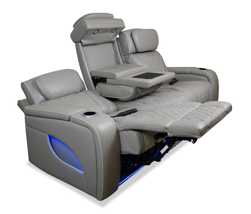 Elite 86\" Genuine Leather Massage Power Reclining Sofa with Immersive Audio and Power Headrests - Putty
