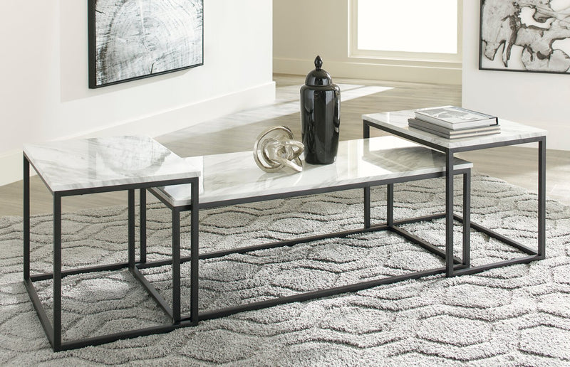 Donnesta 46\" Modern 3-Pack Coffee + 2 End Tables - Marble Look with Black Metal Frame