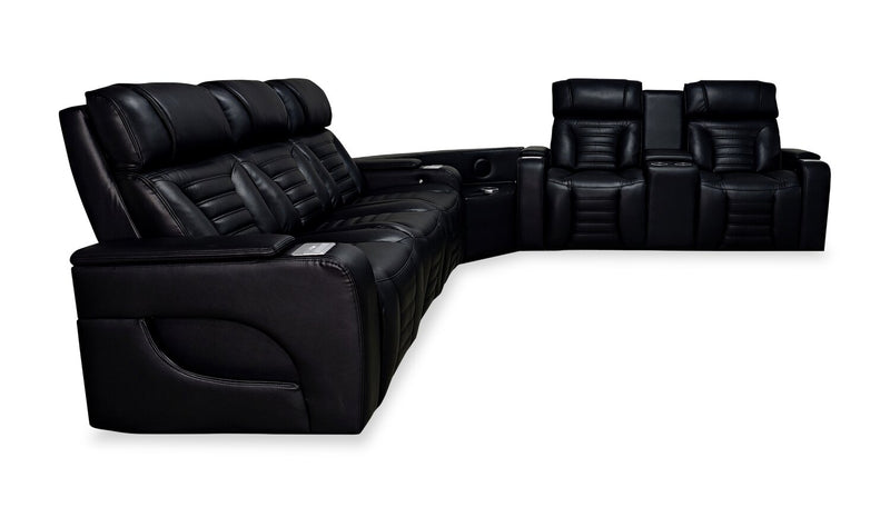 Zen 3-Piece Black Faux Leather Power Reclining Massage Sectional with Refrigerator and Drop-Down Console