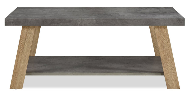 Kelly 43.3\" Modern Coffee Table with Shelf - Grey Stone Top with Light Wood Legs