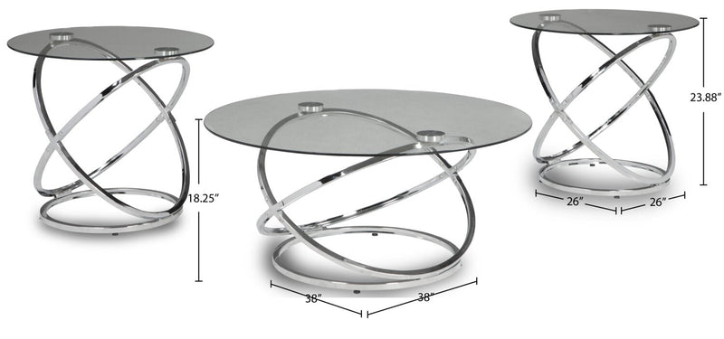 Hollynx 38\" Glam Round 3-Pack Coffee + 2 End Tables - Silver Metal Base with Glass Top