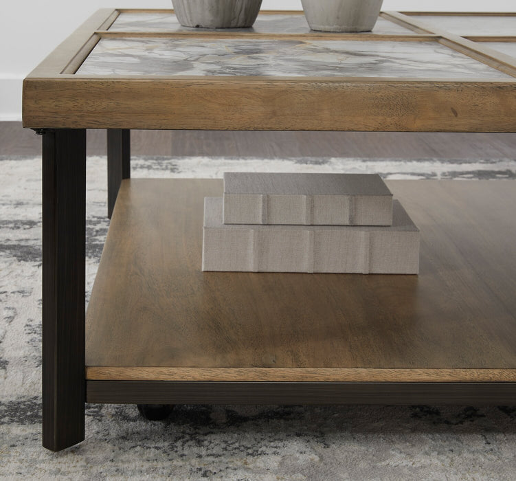 Marina 48” Contemporary Coffee Table with Stone Tiles, Shelf and Casters - Natural
