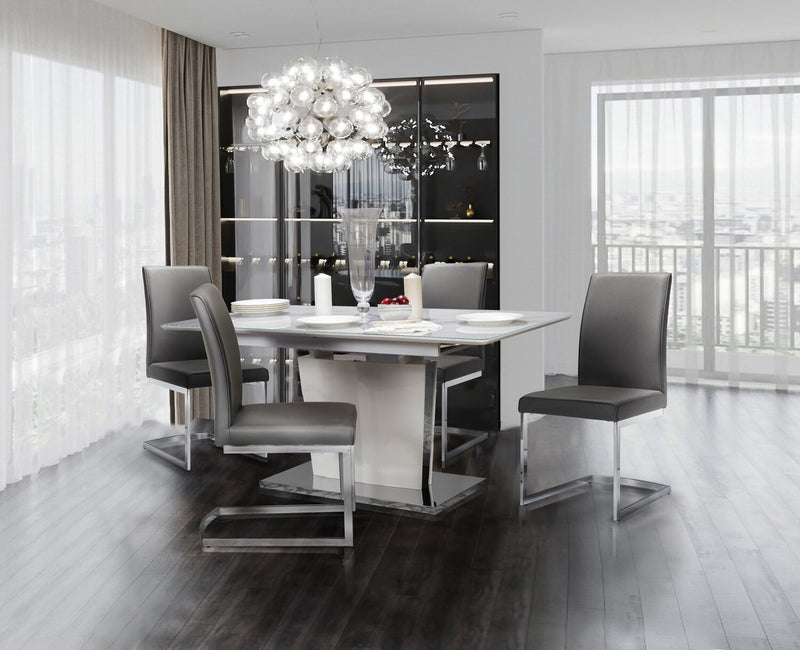 Naya Dining Table, 63-78.75\"W Self-Storing Butterfly Leaf, Metal, Glass, Faux Marble – White