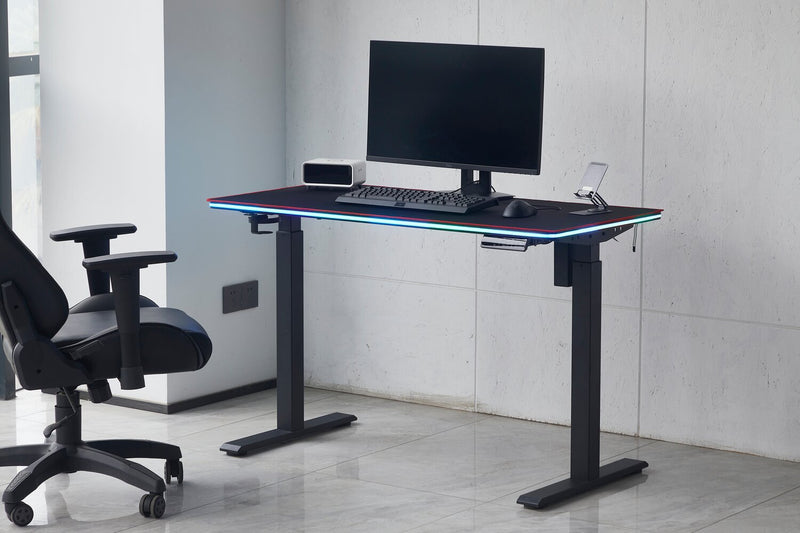 Finch 47\" Gaming Office Desk with Electric Height Adjustment and RGB Lighting – Black and Red Piping 