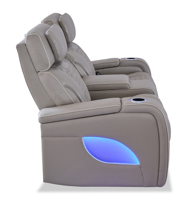 Elite 74\" Genuine Leather Massage Power Reclining Loveseat with Power Headrests and Storage Arms - Putty 