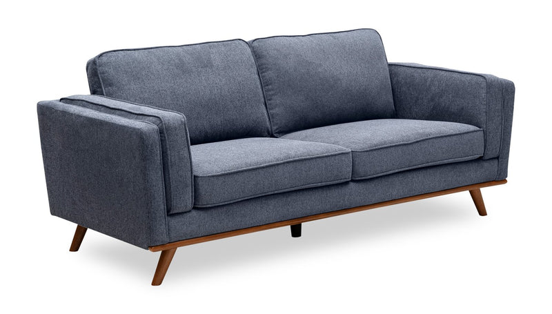 Kort & Co. Kassia 80\" Blue Linen-Look Fabric Condo-Size Sofa with Wood Base and Legs