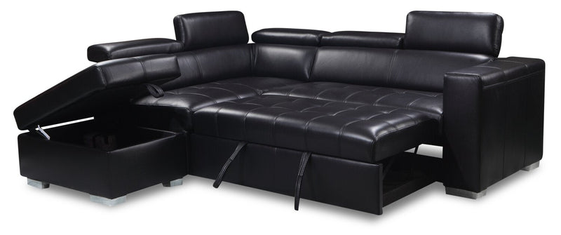 Drake 3-Piece Left-Facing Leather-Look Fabric Sleeper Sectional with Storage Ottoman - Black 
