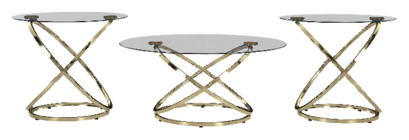 Joyce 38\" Glam Round 3-Pack Coffee + 2 End Tables - Gold Metal Base with Glass Top