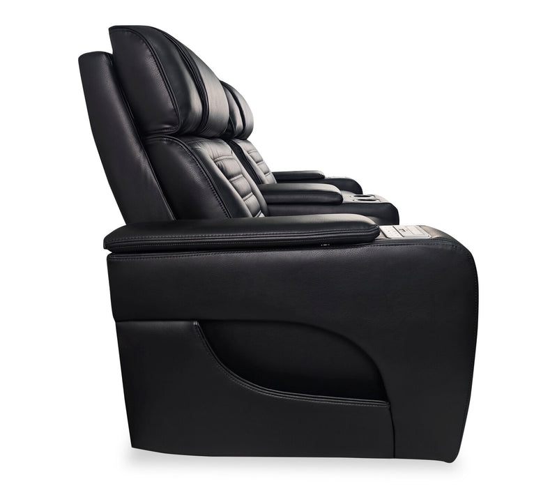 Zen 75.5\" Black Faux Leather Power Reclining Massage Loveseat with Refrigerator Console