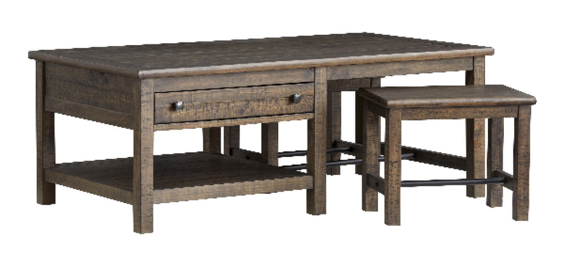 Edwin 52” Country Pine Coffee Table with Storage and Stools - Homestead Brown