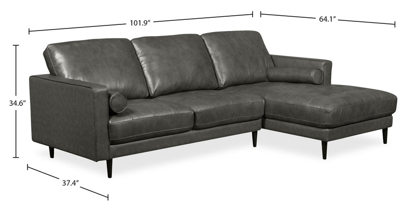 Edge 2-Piece Right-Facing Genuine Leather Sectional with Wood Legs and Removable Back Cushions - Grey