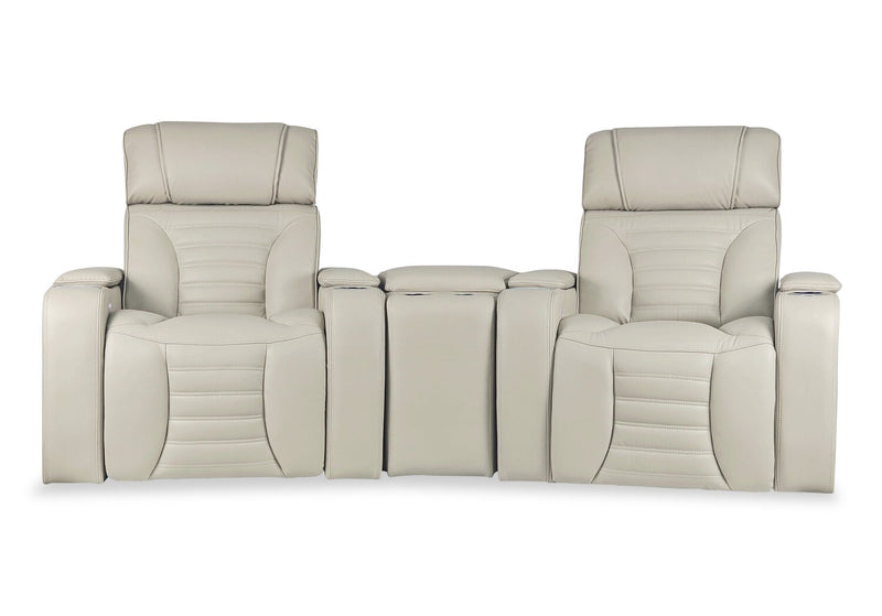 Zen 3-Piece Apricot Faux Leather Power Reclining Massage Home Theatre Sectional with Refrigerator Console