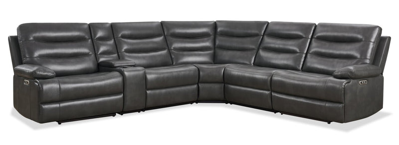 Zayne 6-Piece Leather-Look Fabric Power Reclining Sectional with Storage Console and USB Charging Ports – Grey