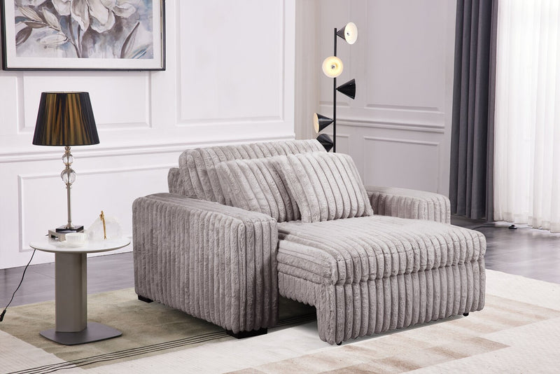 Stratus 59” Fog Grey Chenille Fabric Chair with Power Sliding Chaise and Two Accent Pillows